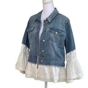 Crown & Ivy Blue Denim Classic Jean Jacket White Sz M Eyelet Lace Trim Details